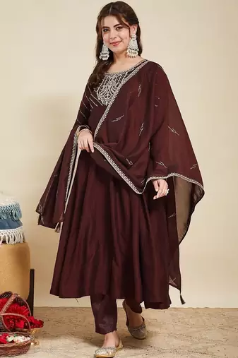 Coffee party wear embroidery vichitra silk blend kurta with pant and dupatta