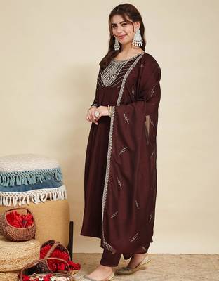 Coffee party wear embroidery vichitra silk blend kurta with pant and dupatta 4