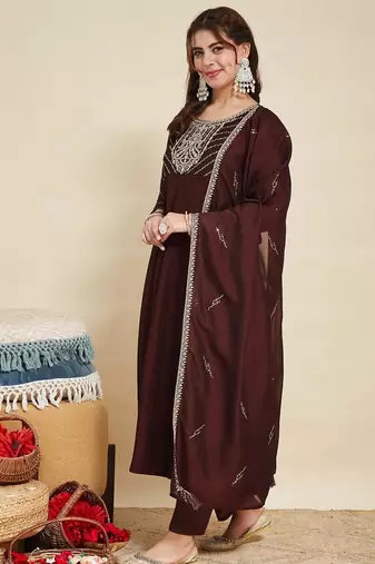 Coffee party wear embroidery vichitra silk blend kurta with pant and dupatta