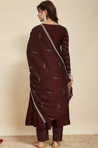 Coffee party wear embroidery vichitra silk blend kurta with pant and dupatta