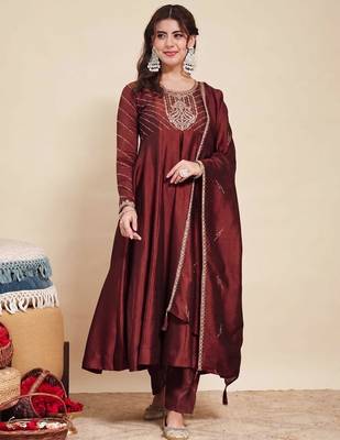 Maroon party wear embroidery vichitra silk blend kurta with pant and dupatta 1