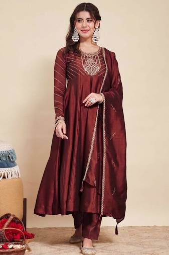 Maroon party wear embroidery vichitra silk blend kurta with pant and dupatta