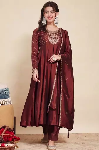 Maroon party wear embroidery vichitra silk blend kurta with pant and dupatta