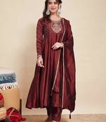 Maroon party wear embroidery vichitra silk blend kurta with pant and dupatta