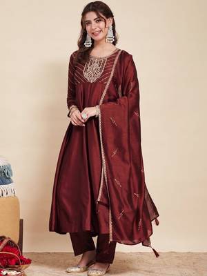 Maroon party wear embroidery vichitra silk blend kurta with pant and dupatta 2