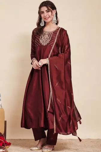 Maroon party wear embroidery vichitra silk blend kurta with pant and dupatta