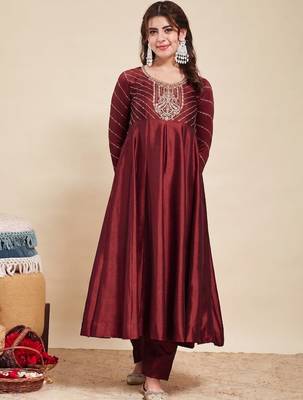 Maroon party wear embroidery vichitra silk blend kurta with pant and dupatta 3