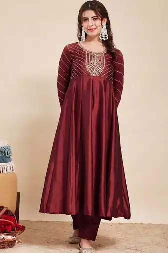 Maroon party wear embroidery vichitra silk blend kurta with pant and dupatta