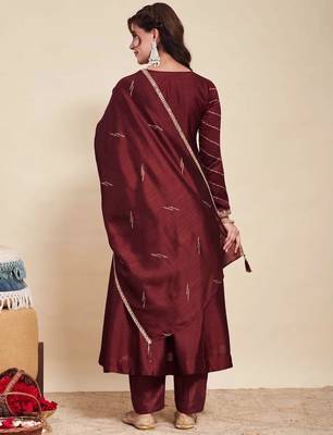 Maroon party wear embroidery vichitra silk blend kurta with pant and dupatta 4