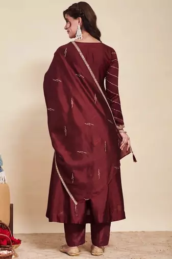 Maroon party wear embroidery vichitra silk blend kurta with pant and dupatta