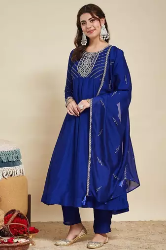 Royal blue party wear embroidery vichitra silk blend kurta with pant and dupatta