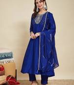 Royal blue party wear embroidery vichitra silk blend kurta with pant and dupatta