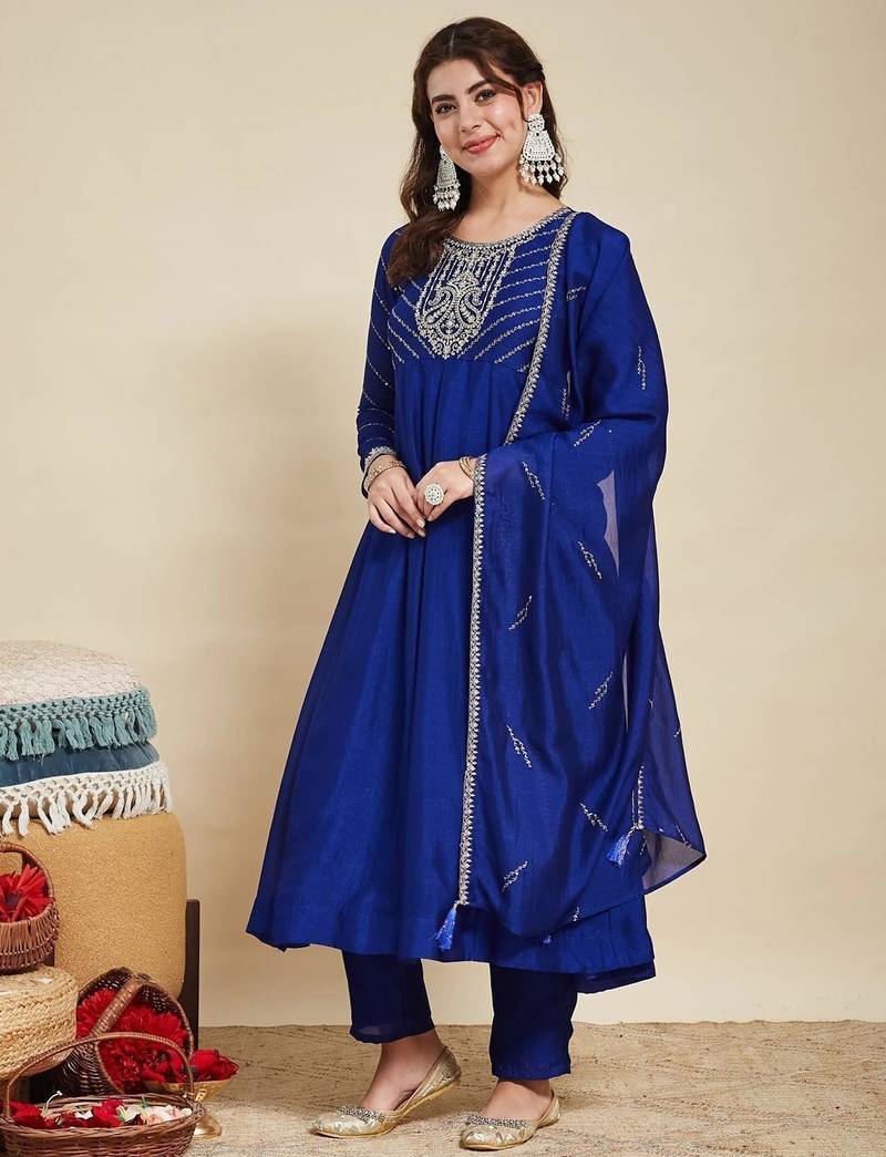 Royal blue party wear embroidery vichitra silk blend kurta with pant and dupatta