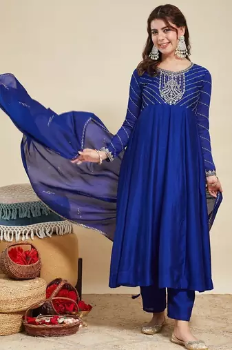 Royal blue party wear embroidery vichitra silk blend kurta with pant and dupatta