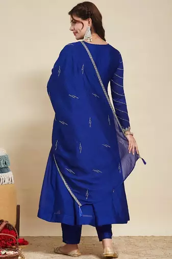 Royal blue party wear embroidery vichitra silk blend kurta with pant and dupatta