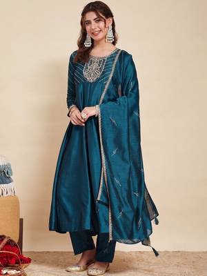 Teal party wear embroidery vichitra silk blend kurta with pant and dupatta 1