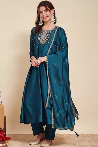 Teal party wear embroidery vichitra silk blend kurta with pant and dupatta