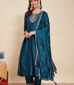 Teal party wear embroidery vichitra silk blend kurta with pant and dupatta