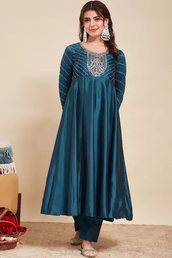 Teal party wear embroidery vichitra silk blend kurta with pant and dupatta