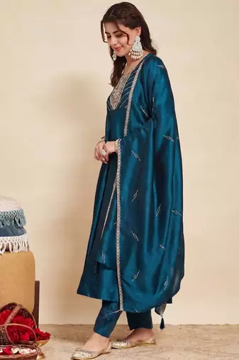 Teal party wear embroidery vichitra silk blend kurta with pant and dupatta
