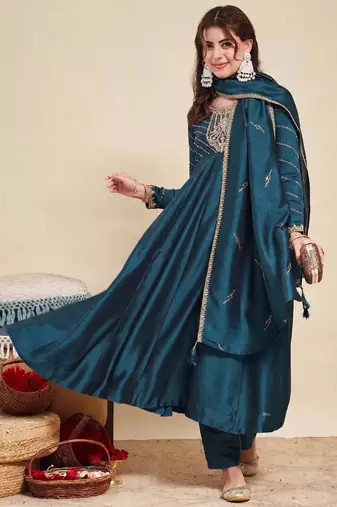 Teal party wear embroidery vichitra silk blend kurta with pant and dupatta