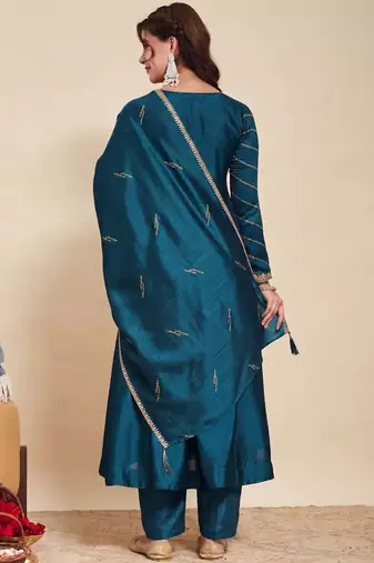 Teal party wear embroidery vichitra silk blend kurta with pant and dupatta