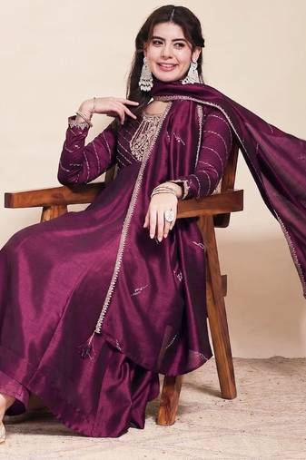 Wine party wear embroidery vichitra silk blend kurta with pant and dupatta