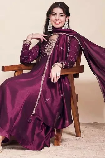 Wine party wear embroidery vichitra silk blend kurta with pant and dupatta