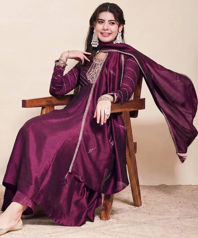 Wine party wear embroidery vichitra silk blend kurta with pant and dupatta