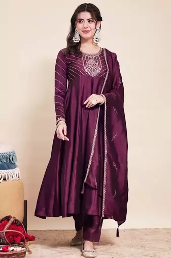 Wine party wear embroidery vichitra silk blend kurta with pant and dupatta