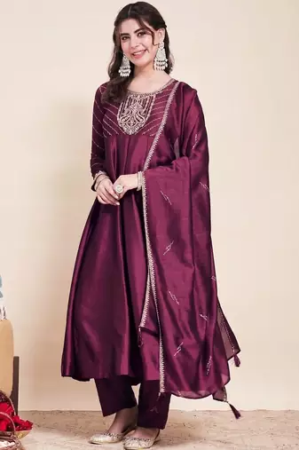 Wine party wear embroidery vichitra silk blend kurta with pant and dupatta