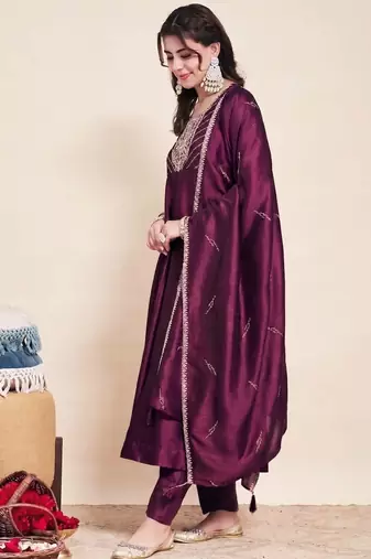 Wine party wear embroidery vichitra silk blend kurta with pant and dupatta