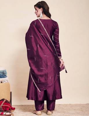 Wine party wear embroidery vichitra silk blend kurta with pant and dupatta 5