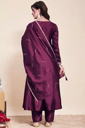 Wine party wear embroidery vichitra silk blend kurta with pant and dupatta