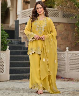 Yellow party wear embroidery silk blend kurta with plazzo and dupatta 1