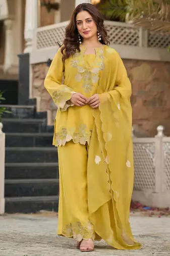 Yellow party wear embroidery silk blend kurta with plazzo and dupatta