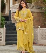 Yellow party wear embroidery silk blend kurta with plazzo and dupatta