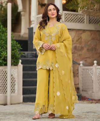 Yellow party wear embroidery silk blend kurta with plazzo and dupatta 2