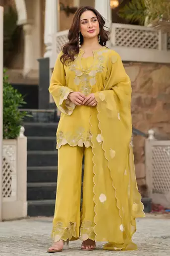 Yellow party wear embroidery silk blend kurta with plazzo and dupatta