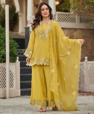 Yellow party wear embroidery silk blend kurta with plazzo and dupatta 3