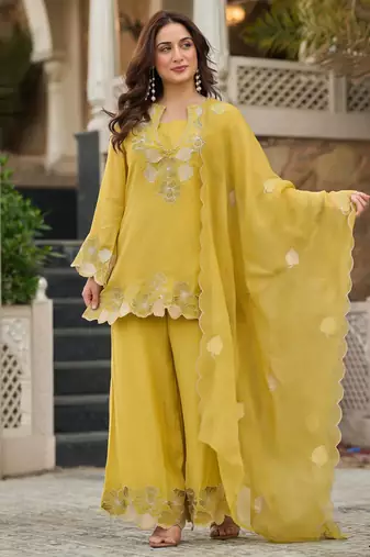 Yellow party wear embroidery silk blend kurta with plazzo and dupatta