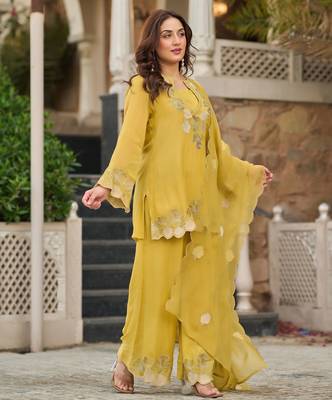 Yellow party wear embroidery silk blend kurta with plazzo and dupatta 4