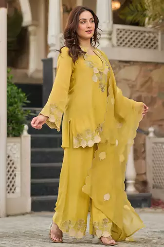 Yellow party wear embroidery silk blend kurta with plazzo and dupatta