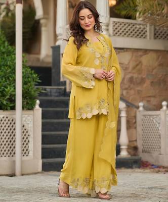 Yellow party wear embroidery silk blend kurta with plazzo and dupatta 5