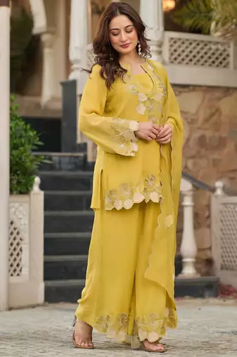 Yellow party wear embroidery silk blend kurta with plazzo and dupatta