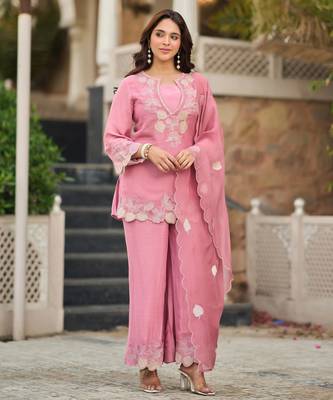 Pink party wear embroidery silk blend kurta with plazzo and dupatta 1