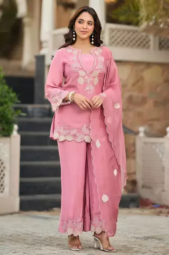 Pink party wear embroidery silk blend kurta with plazzo and dupatta