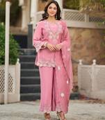Pink party wear embroidery silk blend kurta with plazzo and dupatta