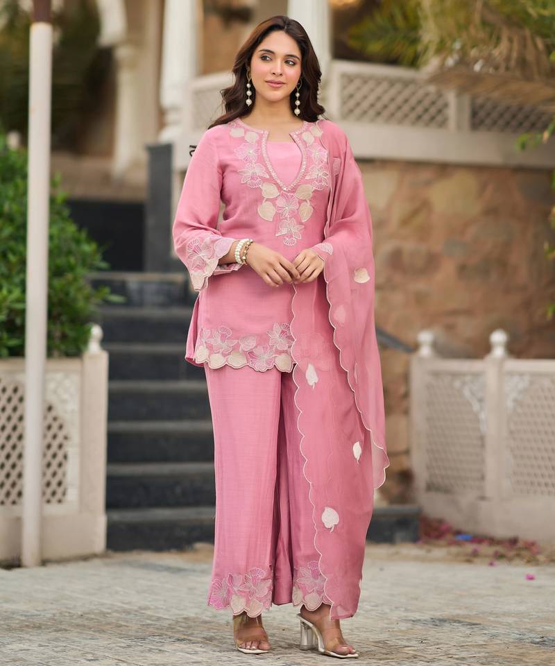 Pink party wear embroidery silk blend kurta with plazzo and dupatta
