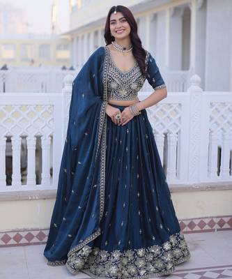 Navy Silk Blend Semi Stitched Lehenga Choli with Embroidery & Beads Work 1